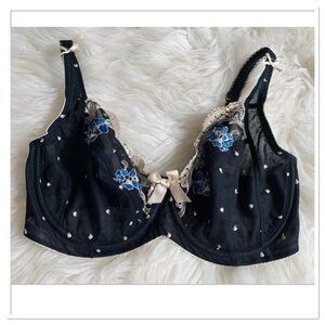Fayreform Society Underwire Cup Embroidered Bra Black Blue Size 32E